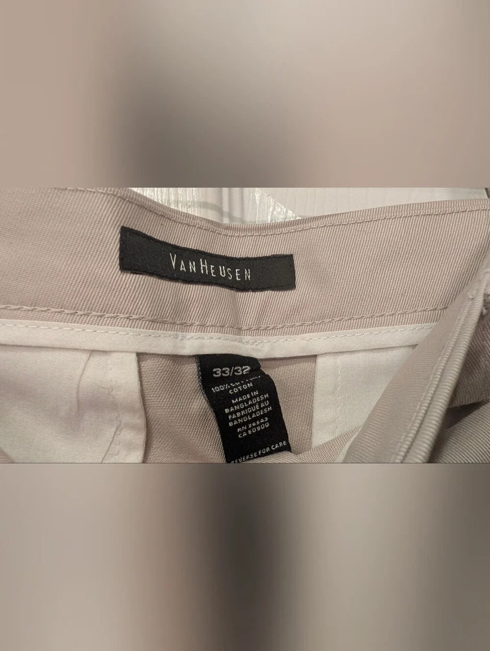 New Van Heusen Men 33x32 Slim Fit Flat Front Khaki Beige Chino Dress Pants Offic